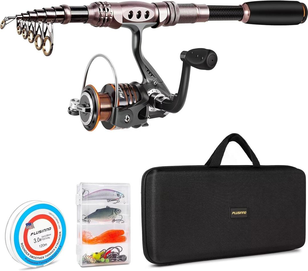 PLUSINNO Fishing Rod and Reel Combos Carbon Fiber Telescopic Fishing Pole with Reel Combo Sea Saltwater Freshwater Kit Fishing Rod Kit (5.91 ft, Full Kit with Carrier Case)