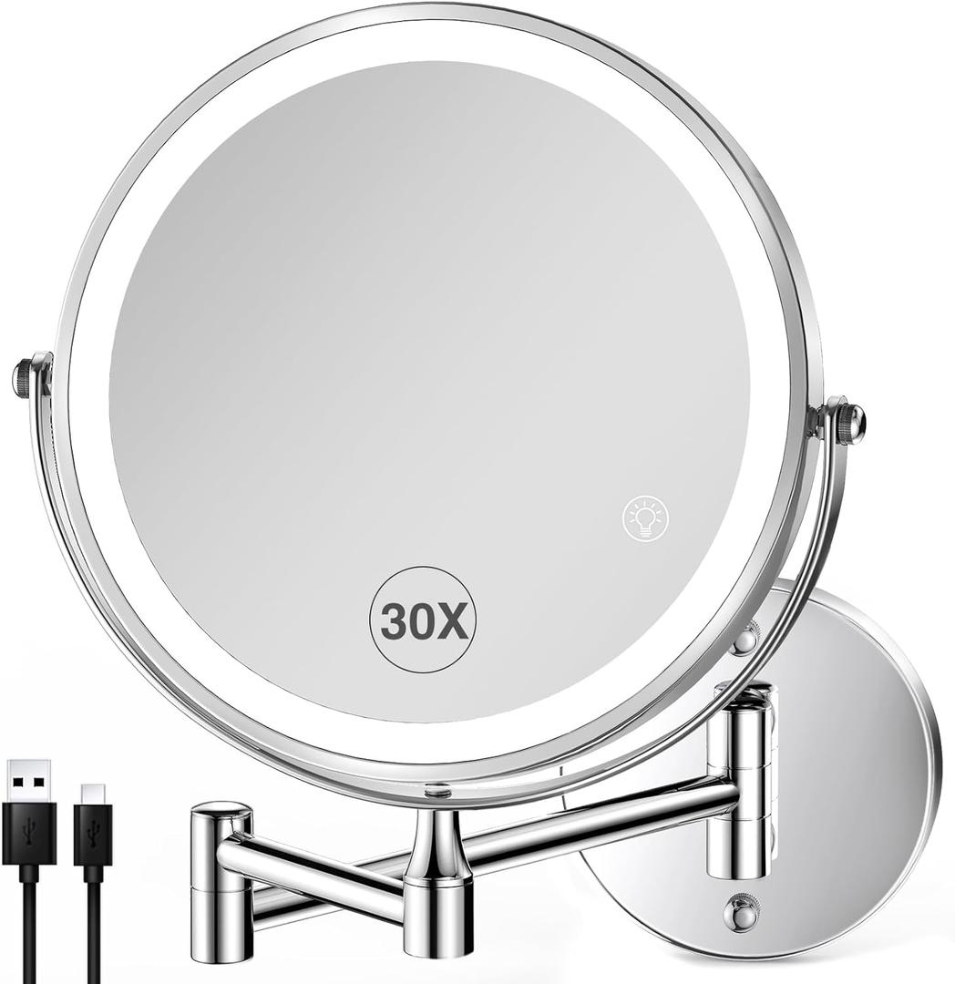 30X LED Lighted Makeup Mirror: 8.5in Wall Mounted Magnifying Mirror with Light - Chrome