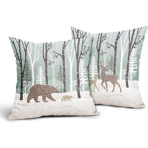 Winter Wildlife Pillow Covers Set of 2 Forest Bear Deer Christmas Pine Trees Snow Decorative Cuchion Cover 20x20 Inches Cotton Linen Throw Pillow Case Double Sided for Sofa Couch Bedding