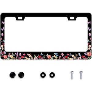 Butterfly Flower License Plate Frame Forest Flower Stainless Steel License Plate Frame Auto Parts Decoration with Screws License Plate Holder for Men Women 12x6 Inch