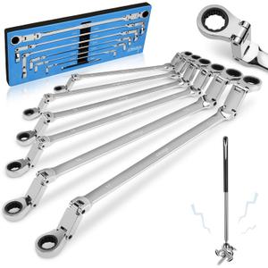 DISEN Double Jointed Extra Long Flex Head Ratchet Wrench Set, 6 PCS Metric 8-19mm Box End Ratcheting Wrench with a Magnetic Pickup Tool Kit, 72-Teeth, Cr-V Steel,12 Point Combination Wrench set