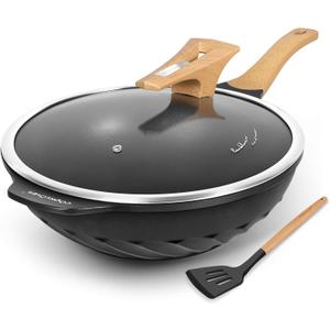 COOKLOVER Nonstick Woks And Stir Fry Pans Die-cast Aluminum Scratch Resistant 100% PFOA Free Induction Wok pan with Lid 12.6 Inch - BK