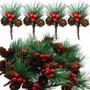 20 Pack Artificial Pine Picks Artificial Pine Cone Picks and Red Berry Mini Artificial Pine Tree for Christmas Party Flower Arrangements Wreaths and Holiday Decorations(C)