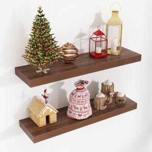 Floating Shelves for Wall 24"W x 6.7"D x 1.37"H, Engineered Wood Wall Shelves with Invisible Brackets for Living Room Bedroom Bathroom Office Kitchen Decor and Storage, Walnut Finish, Set of 2