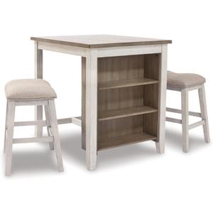 Signature Design by Ashley Skempton 3 Piece Counter Height Dining Set, Includes Table and 2 Barstools, Cushioned Seats, Wood, Whitewash