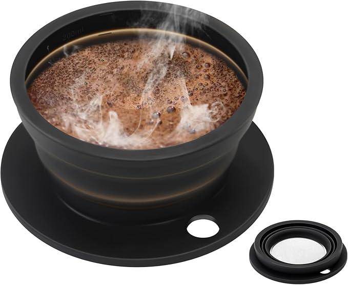 5 x Collapsible Paperless Pour Over Coffee Dripper with Reusable Stainless Steel Coffee Filter, Single Cup Travel Pour Over Coffee Maker Camping, Portable Silicone Drip Coffee Maker Pour Over Brown