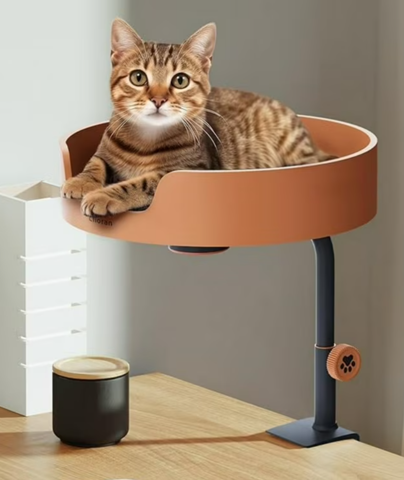 Cat Desk Bed Perch Nest with Teaser Easy Install, Space Saving Design, Sturdy Frame, Removable Cushion, Ideal for Home Office, Side Table, Fits All Cats