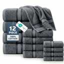 LANE LINEN Towel and Washcloths Set of 12  100% Cotton, Zero Twist, 4 Large Bath Towel, 4 Hand Towels & 4 Wash Cloths, Quick Dry & Long-Lasting, Perfect for Family Bathrooms, Easy Care  Cool Grey
