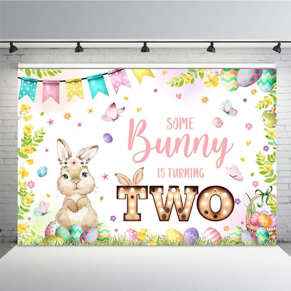 MEHOFOND Some Bunny is Turning Two Birthday Backdrop Spring Easter Themed 2nd Birthday Party Supplies for Girls Photography Banner Background for Cake Table 7x5ft
