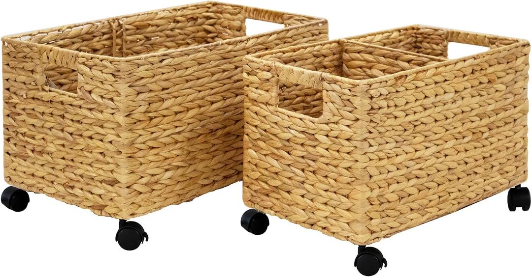 PEMAR Rolling Wicker Storage Basket Set of 2 Natural Water Hyacinth & Seagrass Bins on Wheels with Removable Divider & Insert Handles Nesting Design for under Desk, Home & Office Organization