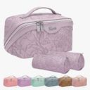 BOYATU Travel Makeup Bags Cosmetic Organizer Bag: 3-Set Large Capacity Make up Bag - PU Leather Toiletry Bags for Women - Wide Open Portable Pouch with Divider & Handle (01-Z-Light Purple)