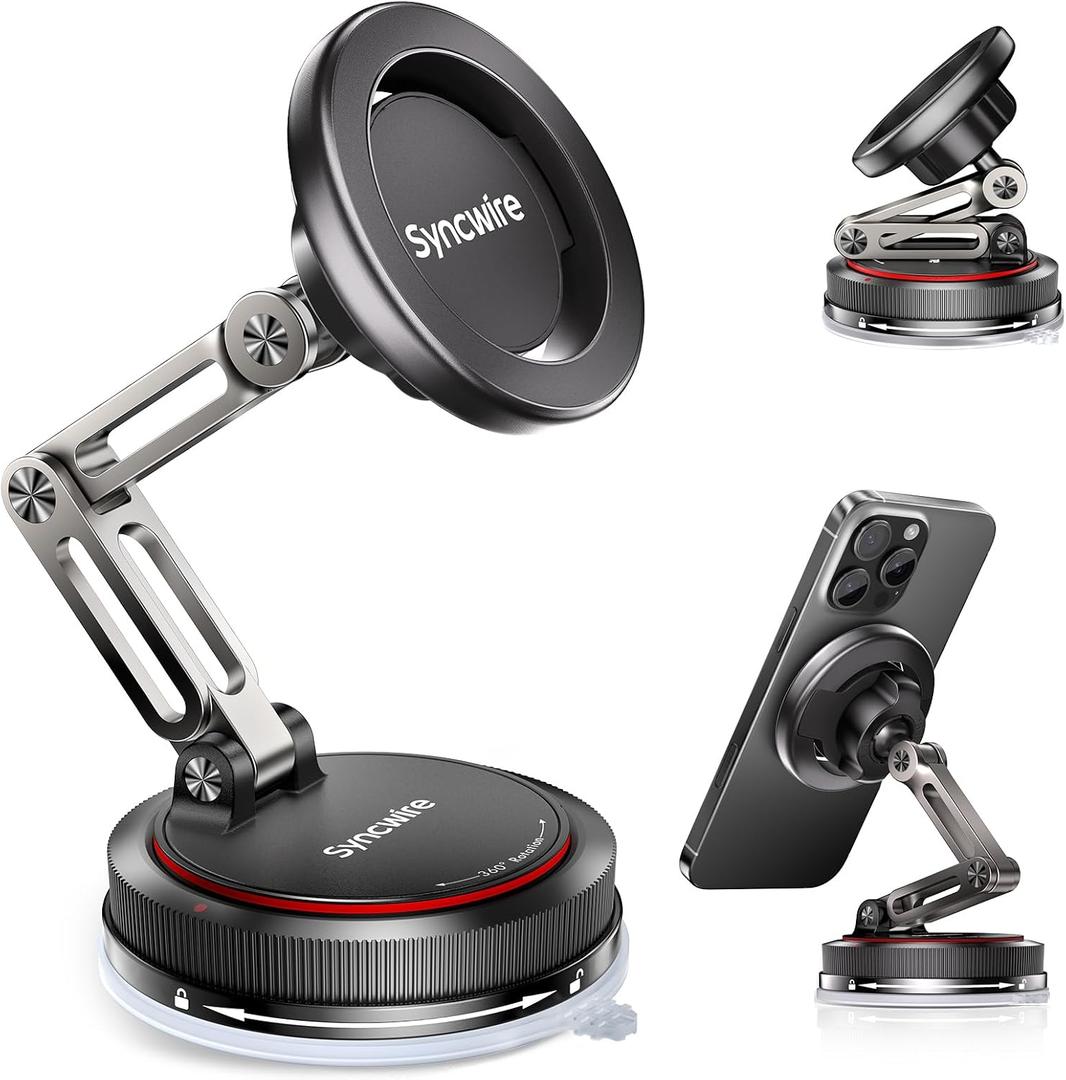 SYNCWIRE for MagSafe Car Mount [3-Axis] Nano Adhesive Gel + Strong Suction Cup Magnetic Phone Holder for Dashboard & Windshield, 360 Adjustable for iPhone 17 16 15 14 13 12, Samsung, Matte Black