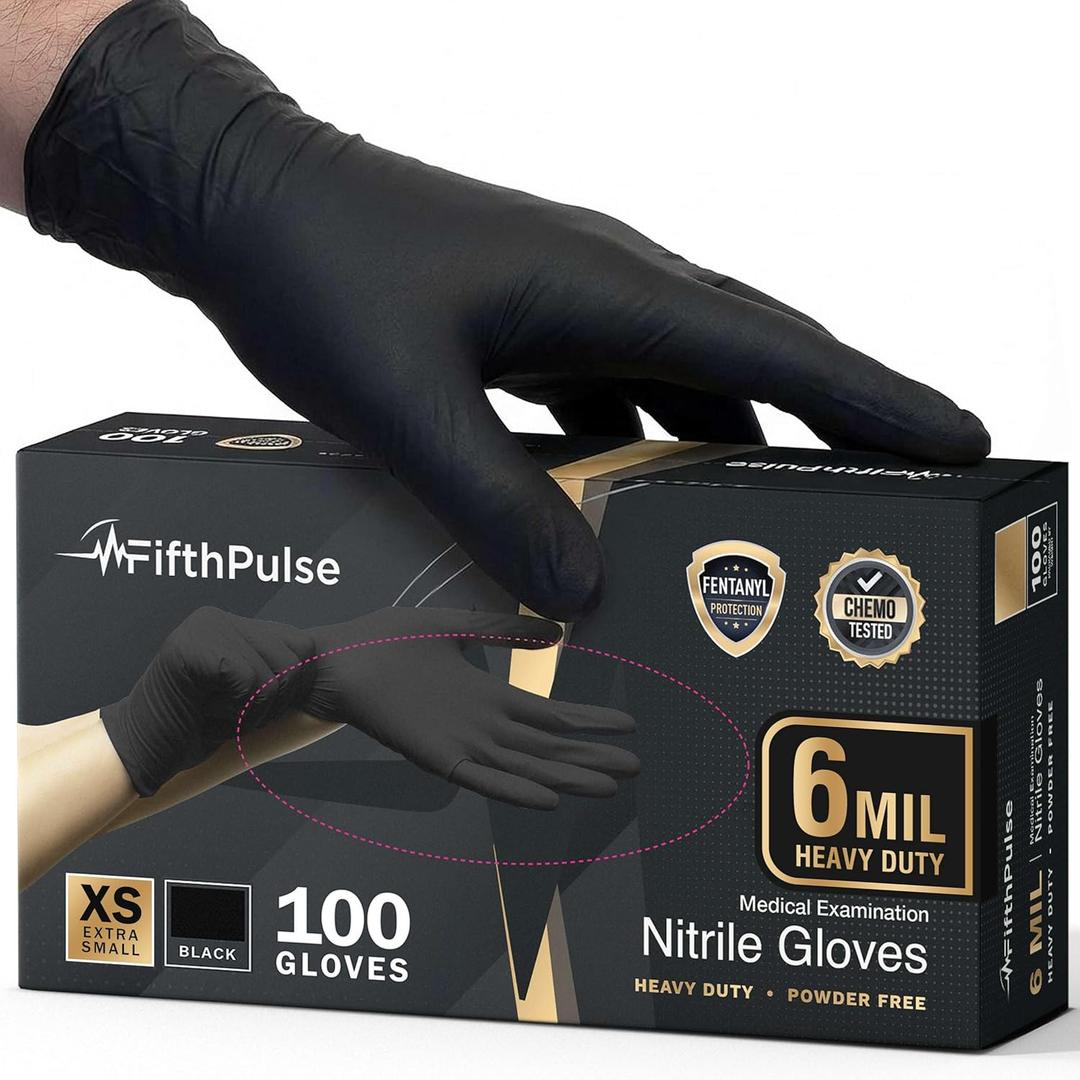 FifthPulse 6 Mil Black Nitrile Gloves, Heavy Duty Mechanic and Food Grade Glove - Powder-Free, Latex-Free Medical Exam Gloves