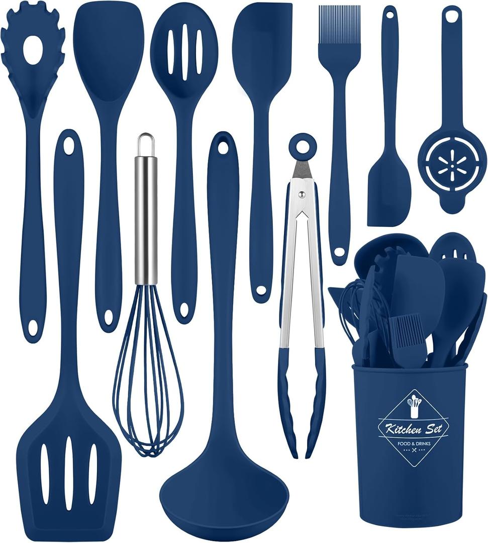 Kitchen Utensils Set-12 Pieces Silicone Cooking Utensils Set (Dishwasher Safe) 392F Heat Resistant Spatula Set,Kitchen Utensil Set for Nonstick Cookware,Best Kitchen Tools with Holder (Blue)