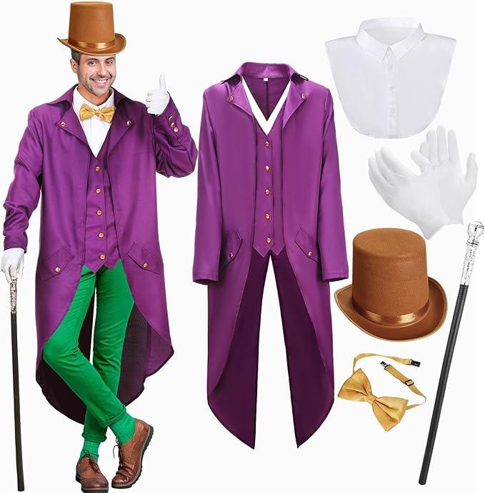 Mepase 6 Pcs Halloween Costume for Adult Men Include Tailcoat Top Hat Scepter Gloves Bow Tie and Collar for Movie Cosplay Large