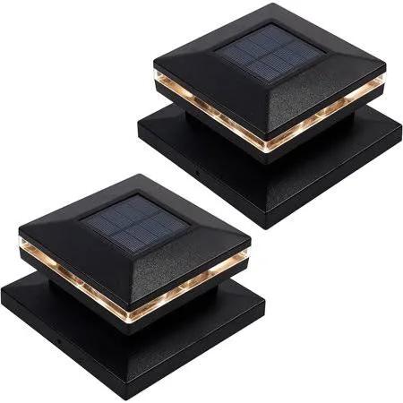 MAGGIFT 15 Lumen Solar Post Lights, Outdoor Post Cap Light for Fence Deck or Patio, Solar Powered Caps, Warm White LED Lighting, Lamp Fits 4x4 or 6x6 Wooden Posts (2 Pack, Black)