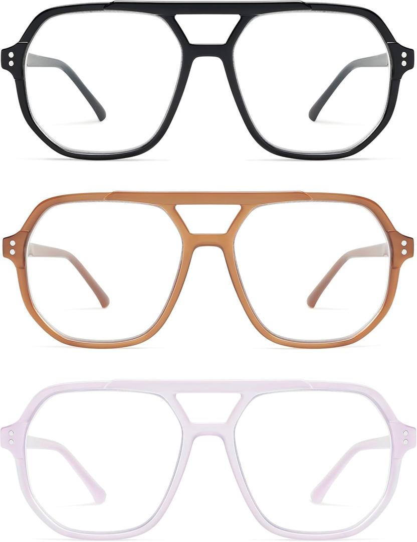 AMOMOMA Trendy Retro Aviator Reading Glasses for Women Men,Classic Large Oversized Reader Blue Light Computer Frame AM6145 (P2 Black+brown+light Purple)