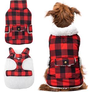 Dog Winter Coat - Windproof Fleece Warm Thick Dog Jacket Clothes for Cold Weather - Plaid Pet Vest Coat Outfits for Small Medium Large Dogs - Indoor & Outdoor Use (L) (Red)