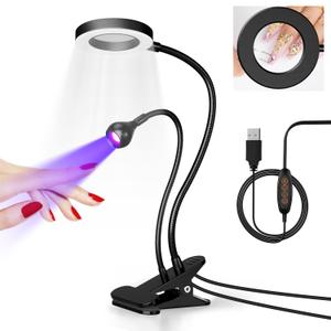 krofaue Dual-Headed UV Nail Lamp with 6 Magnifier, 3W Adjustable Flash Cure Lamp for Gel Nails Desk Clip on Nail Light for Home and Salon DIY