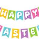 10 x OHOME Easter Decorations - Happy Easter Banner | Bunny Party Decorations for Indoor Outdoor Outside - Bunny Egg Garland for Front Door | Easter Backdrop Wreath for Window Wall - Easter Decor