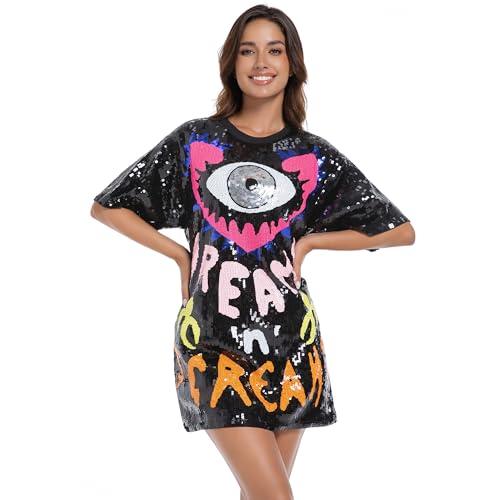 Sequins T-Shirts Glitter Half Sleeve Dress O Neck Printed Mini Dress Loose Casual Sexy Nightclub Party Tops for Women Black S