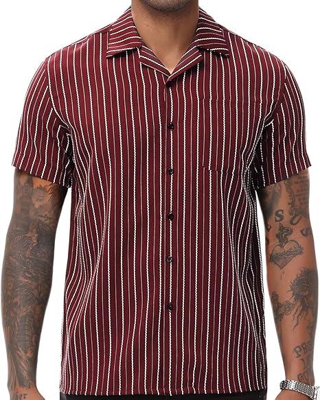 TUNEVUSE Men Hawaiian Shirt Vintage Striped Shirt Short Sleeve Summer Beach Causal Cuban Collar Shirt with Pocket Red Large