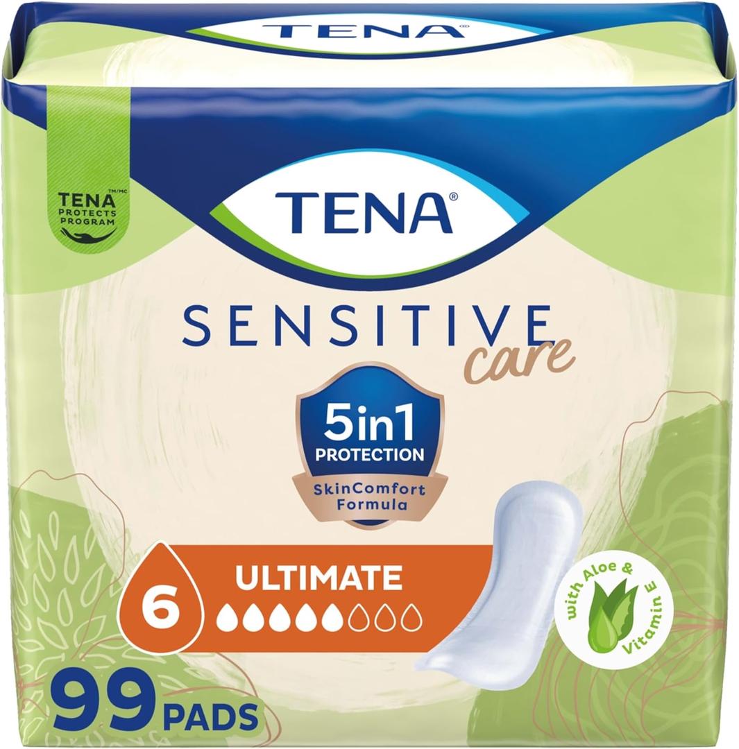 TENA Incontinence Pads, Bladder Control & Postpartum for Women, Ultimate Absorbency, Aloe and Vitamin E, Sensitive Care - 99 Count