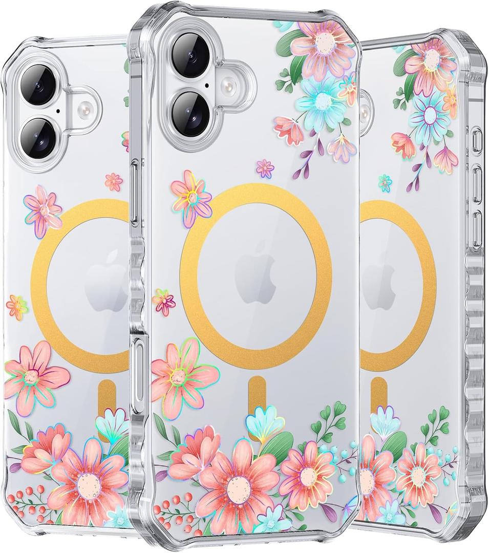 PIXIU Case for iPhone 16 Compatible with Magsafe, Laser Glossy Pattern,Cute Curly Wave Clear TPU Bumper Military Grade Drop tection Phone Cover for Women/Girls -Pink Flower