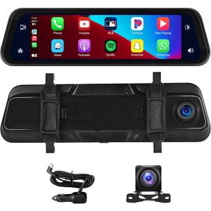 2.5K Rear View Mirror Dash Cam Backup Camera,in-Mirror Smart 9.66 Inch IPS Touch Screen Front&Rear Mirror Camera,Car Players Wireless CarPlay&Android Auto for Cars Trucks,Parking Monitoring,64GB Card