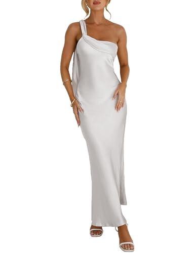 2026 Satin One Shoulder Maxi Dress for Women Summer Silk Formal Elegant Backless Ruffle Sleeveless Wedding Guest Dresses White,  Medium