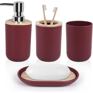 4 Piece Bathroom Accessories Set, Plastic Bathroom Accessory Set, Toothbrush Holder, Toothbrush Cup, Soap Dispenser, Soap Dish, Bamboo Lids Wine Red