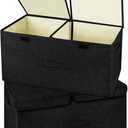 2 Pack Large Linen Fabric Collapsible Storage Bins with Lid and Handles, Washable Storage Box Baskets Cube with Removable Divider for Bedroom,Closet,Office,Living Room,Nursery (Black, Large)