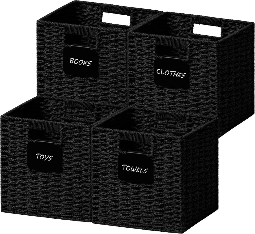 UBBCARE 4 Pack Small Wicker Basket, 99 Storage Cubes with Label, Foldable Cube Storage Bin with Handle, Square Storage Basket for Shelves, Woven Paper Rope Basket for Organizing, Black