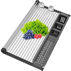 Extra Large Black Expandable Roll Up Dish Drying Rack,Over The Sink Kitchen Rolling up Dish Drainer, for Kitchen Sink CounterFoldable Sink Cover with Removable Utensil Holder(Expandable Width Size) (Blackfor Expandable Size 25.1" X 17.6")