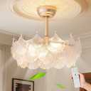 Shell Ceiling Fan with Light 20 Inch Gold Fandelier Modern Crystal Chandelier with Fan Semi Flush Mount Remote Control 6 Speeds for Girls Bedroom,Living Room