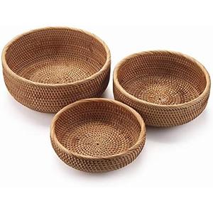 YANGQIHOME Natural Rattan Round Fruit Basket Bowls, Handwoven Storage Serving Baskets, Wicker Organizer for Dinning Room (Set of 3)