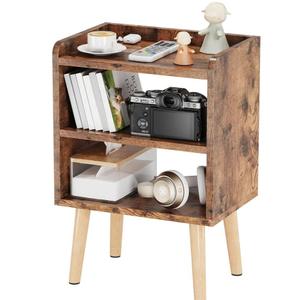 LUCKNOCK Mid Century Modern Nightstand, Wood Bedside Table, 3 Tier Tall End Side Table with Open Storage Shelves, Small Night Stand for Bedroom, Kids Room & Small Spaces, Rustic Brown.