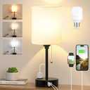 Small Bedside Table lamp for Bedroom - 3 Color Temperatures Bedside Lamps with USB C and A Ports, Pull Chain Table Lamps with AC Outlet, White Nightstand Lamps with Black Metal Base for Kids Reading (14.6in)