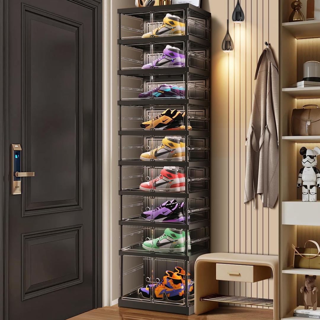9-Tier Foldable Shoe Rack for Closet Entryway 9-18Pairs,Stackable Clear Shoe Storage Boxes Organizer with Door Plastic Small Shoe Cabinet Bins with Lids Shoes Shelf Easy Assembly Black