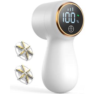 Rechargeable Fabric Shaver Lint Remover, Sweater Shaver with 3-Speed Control, LED Display Clothes Shaver, 6-Leaf Stainless Steel Blades, Suitable for Clothes, Sweater, Couch, Blanket, Wool (White)