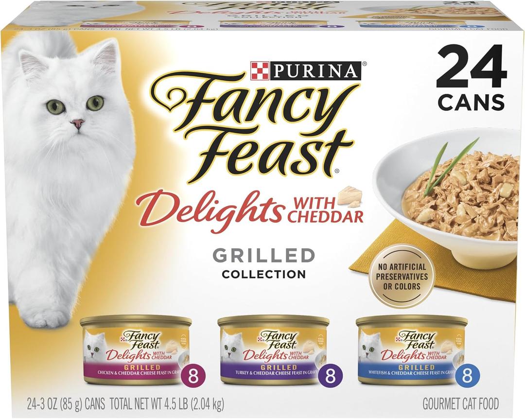 Purina Fancy Feast Delights with Cheddar Grilled Chicken, Turkey or Whitefish and Cheddar Cheese Feast in Gravy Wet Cat Food Variety Pack - (Pack of 24) 3 oz. Cans (EXP 04/30/28)