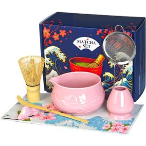 8 Pcs Matcha Whisk Set with Ceramic Bowl, Scoop Rest, Sifter, Tea Mat, Greeting Card, Whisk Holder, Bamboo Whisk and Scoop, Perfect Present for Friend Family Matcha Tea Lovers, Ceremony Kit