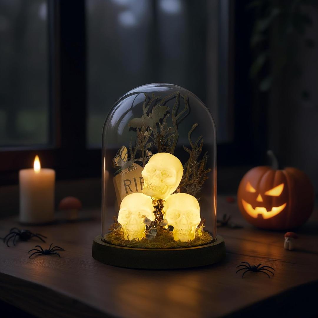 Halloween Decorations Indoor, Lighted Skull in Plastic Dome Cloche with Bat, Gothic Decor Cute Spooky Halloween Ghost Decor for Tabletop Mantel Display