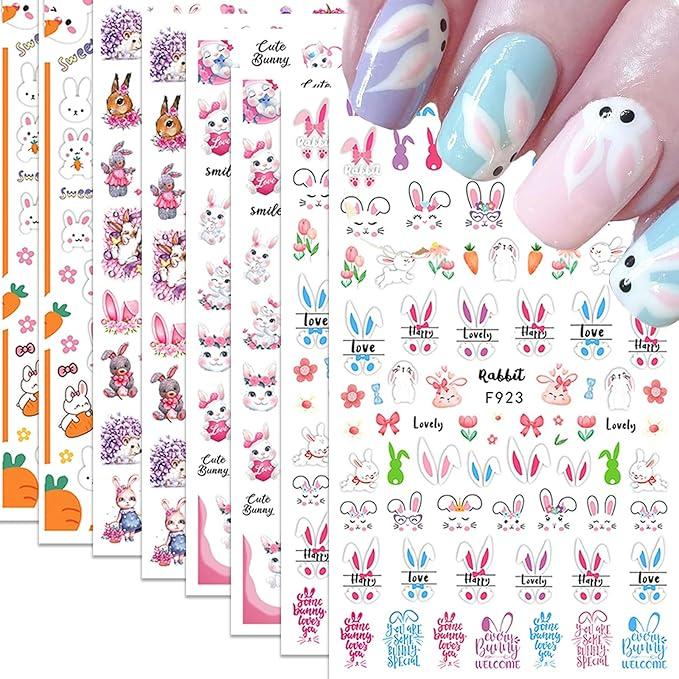 Easter Nail Art Stickers 8 Sheets Spring 3D Self-Adhesive Nail Decals Cute Bunny Flower Designs Nail Decorations Pink Bow Rabbit Hedgehog DIY Nail Supplies Easter Nail Accessories for Women Kids