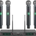Phenyx Pro Wireless Microphone System, 4-Channel UHF Wireless Mic, Fixed Frequency Metal Cordless Mic with 4 Handheld Dynamic Microphones, 260ft Range, Mics for Singing, Church(PTU-5000-4H)