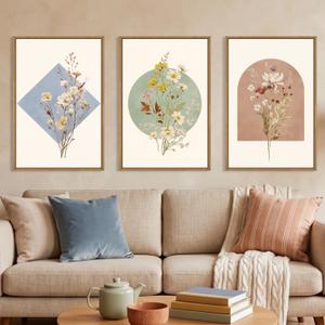 Boho Neutral Wildflower Framed Canvas Wall Art Set-16"x24"x3