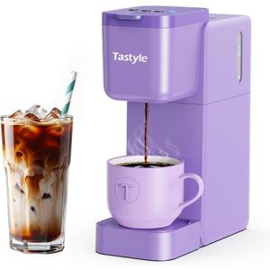 Tastyle Single Serve Coffee Maker Hot and Iced with Bold Brew, Small Coffee Machine for K Cup and Ground, Fits 7.3'' Travel Mug, Brews up to 16 Oz, 5 Cup Sizes, Compact for Office, RV& Hotel, Lavender