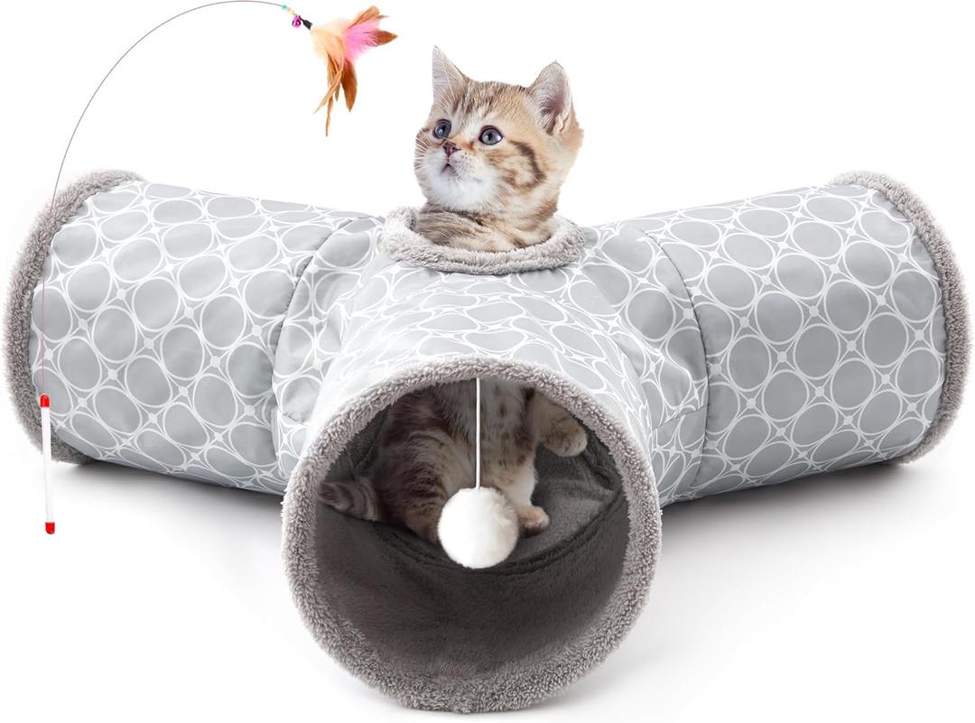 Tempcore 3-Way Collapsible Cat Tunnel Tube Toy, Fleece-Lined for Warmth, Kitty Tunnel with Peek Hole Toy Ball, Cat, Kitten, Small Breeds, Indoor (3-Way Geometry Grey)