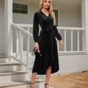 Women's Velvet V Neck Puff Sleeve Dress for Wedding Guest Cocktail Elegant Bodycon Party Midi Dress (Black, XL)