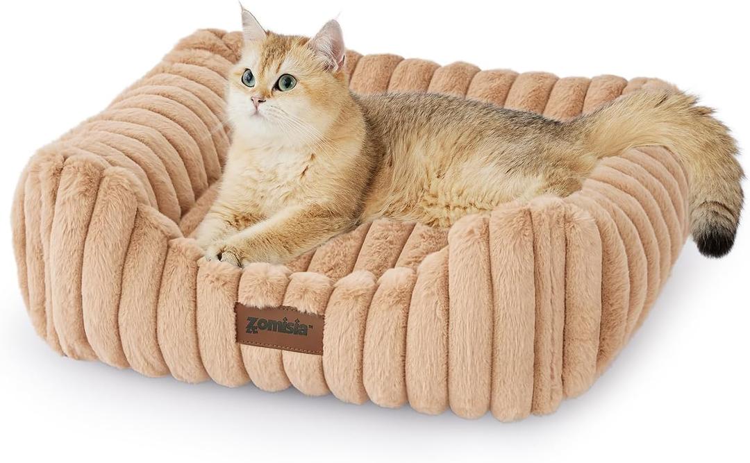 Small Dog Beds for Small Dogs - Washable Cat Beds for Indoor Cats, Rectangle Orthopedic Puppy Bed with Fluffy Removable Cover, 20x19x7inches, Beige